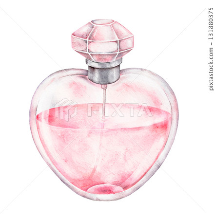 Elegant watercolor illustration of a pink heart shaped perfume bottle. Romantic element for Saint Valentines Day cards, beauty product packaging, posters, invitations, or feminine design projects. Elegant watercolor illustration of a pink heart shaped perfume bottle. Romantic element for Saint Valentines Day cards, beauty product packaging, posters, invitations, or feminine design projects. 131880375