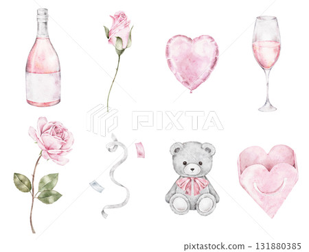Watercolor set with champagne bottle, teddy bear, rose, heart balloon, and ribbon. Romantic holiday collection perfect for Saint Valentines Day cards, packaging, invitations, and decorative design use Watercolor set with champagne bottle, teddy bear, rose, heart balloon, and ribbon. Romantic holiday collection perfect for Saint Valentines Day cards, packaging, invitations, and decorative design use 131880385