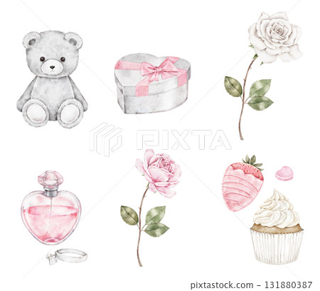 Romantic watercolor set with teddy bear, gift box, pink rose, perfume bottle, strawberry, and cupcake. Gentle composition for Saint Valentines Day cards, invitations, posters, or packaging designs. 131880387