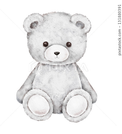 Watercolor illustration of cute grey teddy bear with pink bow. Soft and charming element for Saint Valentines Day cards, packaging, posters, invitations, or gentle romantic compositions. Watercolor illustration of cute grey teddy bear with pink bow. Soft and charming element for Saint Valentines Day cards, packaging, posters, invitations, or gentle romantic compositions. 131880391