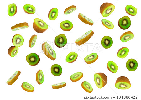 Orange half cut slices scattered and fallen on white background Orange half cut slices scattered and fallen on white background 131880422