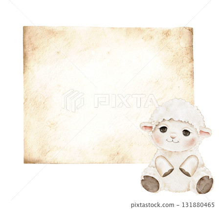 Watercolor lamb with neutral aged paper frame. Cute sheep character for baby shower invitations, nursery design, kids wall art, scrapbooking, or greeting cards. Central space for text. 131880465