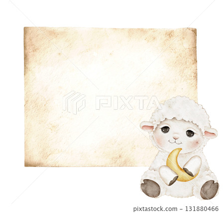 Watercolor lamb with neutral aged paper frame. Cute sheep character for baby shower invitations, nursery design, kids wall art, scrapbooking, or greeting cards. Central space for text. 131880466