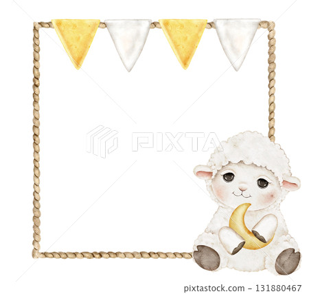 rope frame with yellow flags garland isolated on white background. Simple hand painted border for nautical invitations, kids party designs, posters, scrapbooking, digital templates 131880467