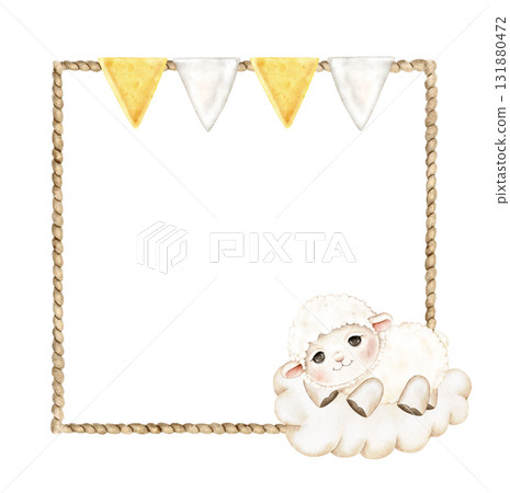 Watercolor lamb resting on a fluffy cloud with neutral ribbon frame and bow. Cute sheep illustration for nursery design, invitations, baby shower cards, posters. Central place for text. 131880472