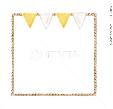 rope frame with yellow flags garland isolated on white background. Simple hand painted border for nautical invitations, kids party designs, posters, scrapbooking, digital templates 131880473