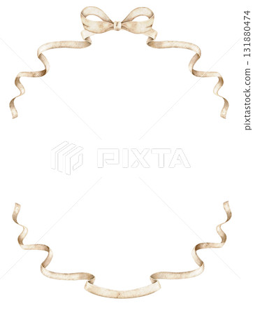 Watercolor lamb sitting under beige ribbon frame with bow. Cute sheep character for baby shower invitations, nursery wall art, birthday cards, posters, and kids stationery. 131880474