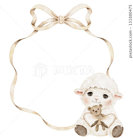 Watercolor lamb with neutral aged paper frame. Cute sheep character for baby shower invitations, nursery design, kids wall art, scrapbooking, or greeting cards. Central space for text. 131880475