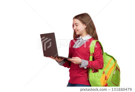 Online education. Back to school. Teen girl student using laptop for education. Webinar and online lesson. Knowledge and education. School girl get knowledge. School student 131880479