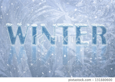 Winter Frost: Icy Letters Spell Winter With Snow and Blue Frosted Texture 131880600