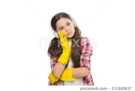 ready for home cleaning. motivating playlist. small girl doing housework and chores. having fun during housekeeping tasks. listening to music while cleaning. little household having fun 131880637