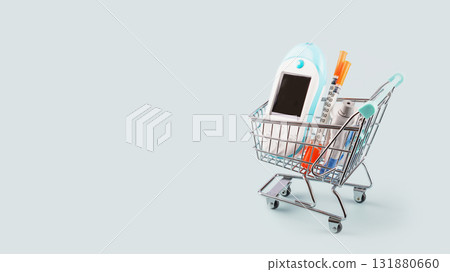Diabetic card with glucose meter, test strips for determining blood sugar levels, syringes for insulin injections in shopping trolley on a blue background with copy space. Concept of diabetes control Diabetic card with glucose meter, test strips for determining blood sugar levels, syringes for insulin injections in shopping trolley on a blue background with copy space. Concept of diabetes control 131880660