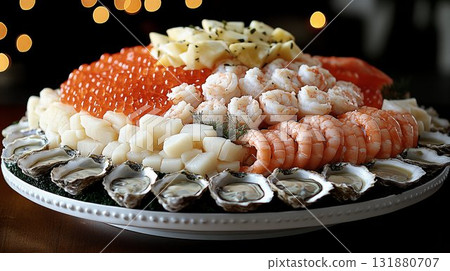 Seafood platter arranged with fresh oysters and caviar, luxury dining presentation Seafood platter arranged with fresh oysters and caviar, luxury dining presentation 131880707