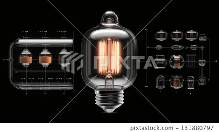 Technical blueprint of light bulb with glowing filament centered on black background, engineering schematic design showcasing innovative lighting technology 131880797