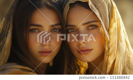 Two women with amber eyes in golden light, artistic portrait photography Two women with amber eyes in golden light, artistic portrait photography 131880842
