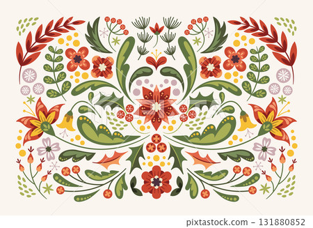 Christmas decorative nature floral composition with flower blooms, leaves and berries folk style 131880852
