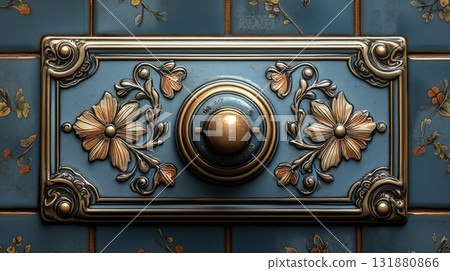 Vintage safe dial surrounded by ornate floral metalwork displaying classical craftsmanship in antique blue and gold decor Vintage safe dial surrounded by ornate floral metalwork displaying classical craftsmanship in antique blue and gold decor 131880866