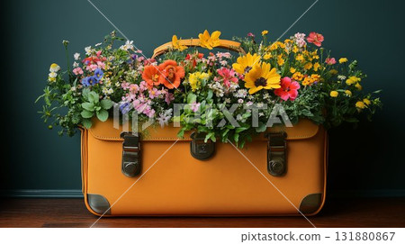 Vintage suitcase blooming with wildflowers creating whimsical garden display Vintage suitcase blooming with wildflowers creating whimsical garden display 131880867