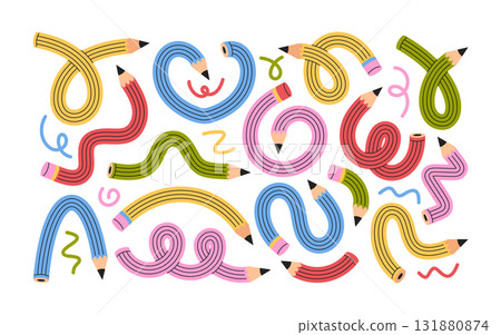 Flexible twisted pencils drawing tools with whimsical form and shapes colorful hand drawn set Flexible twisted pencils drawing tools with whimsical form and shapes colorful hand drawn set 131880874