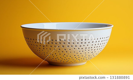 White ceramic colander on yellow background, minimal kitchen design concept 131880891