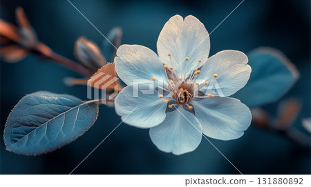 White cherry blossom with delicate petals on blue background, spring nature macro 131880892