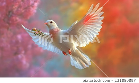 White dove carrying olive branch against colorful sky, peace and hope symbol 131880897