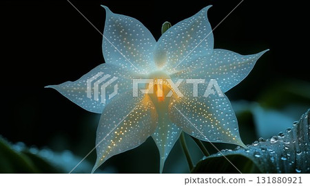 White lotus flower covered in dewdrops glowing in dark garden, natural purity concept 131880921