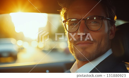 White man in glasses wearing formal suit during golden sunset, portraying successful professional with confident expression in natural lighting 131880923