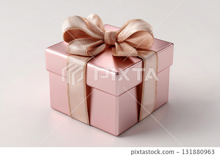 Gift giving. Square pink box wrapped with a silver bow on white background. Jewelry, birthdays and luxury branding. Elegant packaging. Gift giving. Square pink box wrapped with a silver bow on white background. Jewelry, birthdays and luxury branding. Elegant packaging. 131880963