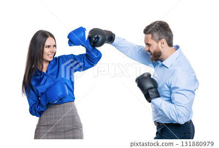 working competition. businesspeople in boxing gloves isolated on white. business competition. corporate competition between business partners. businesspeople ready to fight. partners disputing 131880979