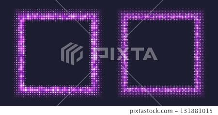 Purple halftone frames, glowing square borders, pattern with dots, radial disco luxury design element. Purple halftone frames, glowing square borders, pattern with dots, radial disco luxury design element. 131881015