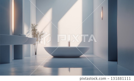 Modern minimalist bathroom with a freestanding bathtub, ideal for home decor design. 131881111