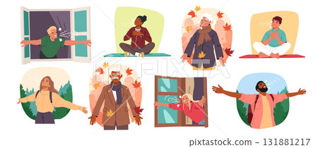 Diverse people breathing fresh air practicing meditation enjoying seasonal weather harmony 131881217