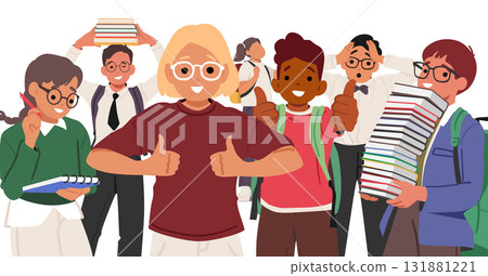 Diverse group of elementary school pupils preparing for education showcasing different emotions Diverse group of elementary school pupils preparing for education showcasing different emotions 131881221