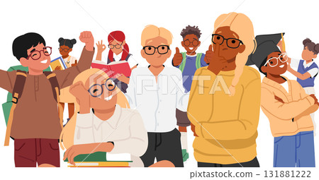 Group of elementary school kids with variety emotion ready for studying process vector illustration 131881222