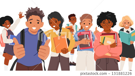 Crowd of smart scholars cartoon characters with backpacks and books together on white background Crowd of smart scholars cartoon characters with backpacks and books together on white background 131881226