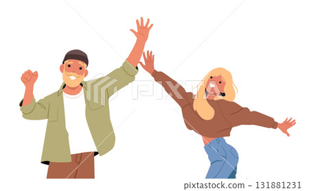 Happy man and woman cartoon characters reaching hands together gesturing solidarity and equality Happy man and woman cartoon characters reaching hands together gesturing solidarity and equality 131881231