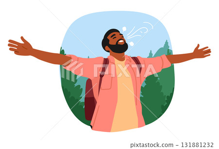 Young man backpacker breathing fresh forest air enjoying freedom and wellness at peaceful woodland 131881232