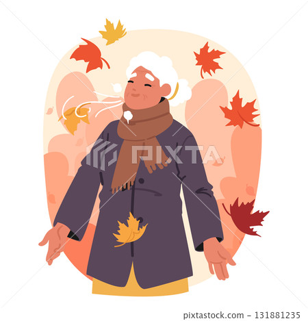Elderly woman breathing autumnal fresh air with pleasure standing under falling leaves cartoon scene 131881235