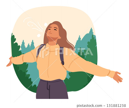Young woman traveler breathing fresh air in mountain enjoying freedom and tranquil scenic outdoors 131881238
