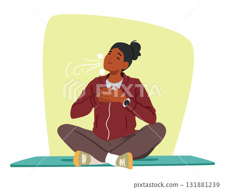 Young woman breathing fresh air while training on mat enjoying wellness, fitness and mindfulness 131881239