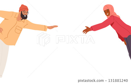 Interracial man and woman reaching hands in joining and bonding gesture over white background 131881240