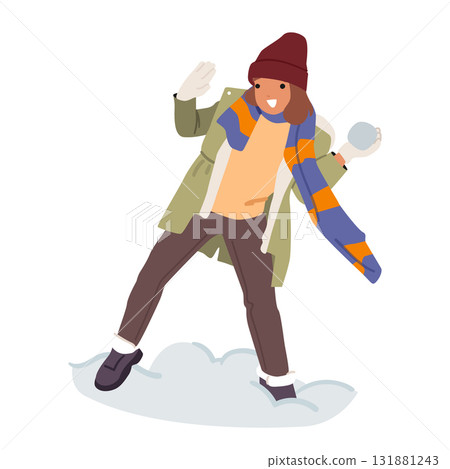 Playful teenage girl cartoon character in winter clothing throwing snowball enjoying outdoor fun 131881243
