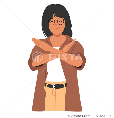 Asian woman crossing arms in stop gesture showing refusal, assertiveness and personal boundaries Asian woman crossing arms in stop gesture showing refusal, assertiveness and personal boundaries 131881247