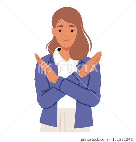 Confident businesswoman making stop gesture saying no with hand raised and crossed isolated on white 131881248