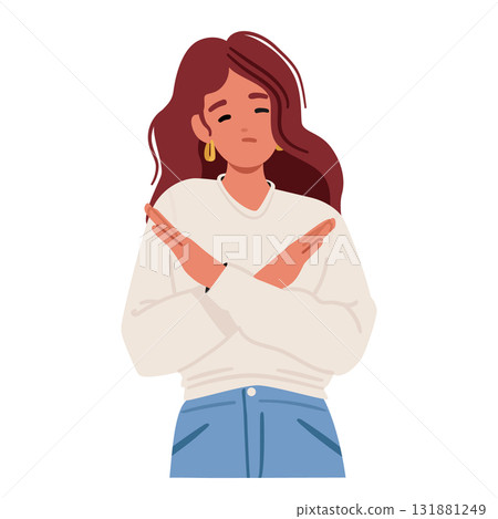 Trendy fashion woman cartoon character gesturing refuse and resist standing isolated on white 131881249
