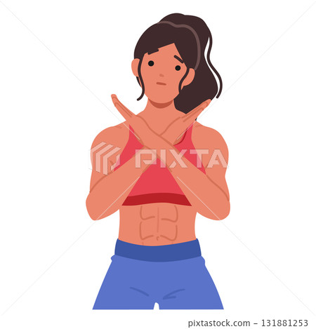 Sports fitness woman showing stop gesture with crossed arms showing refusal and determination 131881253