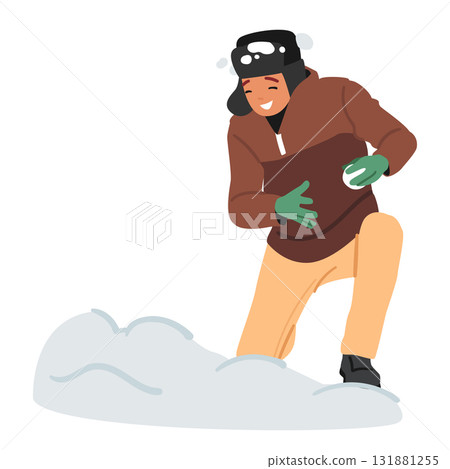 Happy laughing teenage boy cartoon character making snowball playing with snow outdoors scene Happy laughing teenage boy cartoon character making snowball playing with snow outdoors scene 131881255