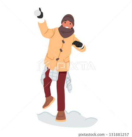 Teenage boy cartoon character playing outdoors in winter throwing snowball with energy and joy Teenage boy cartoon character playing outdoors in winter throwing snowball with energy and joy 131881257