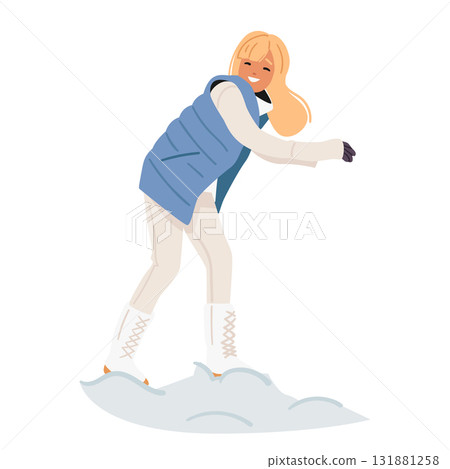 Smiling teenage girl cartoon character throwing snowball enjoying playful outdoor activity Smiling teenage girl cartoon character throwing snowball enjoying playful outdoor activity 131881258